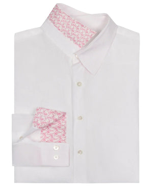 Pink House Mustique Men's Plain Linen Shirt by Pink House Mustique, featuring a European Fit with pink geometric patterned inner collar and cuffs, button-down front, and buttoned cuffs.