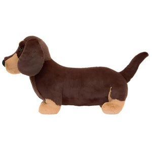 A playful companion, the Jellycat Otto Sausage Dog, Big by Jellycat features rich dark chocolate fur and resembles a dachshund shown in profile view facing left.