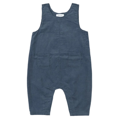 The Angel Dear Cord Navy Uni Overalls, made from 100% cotton corduroy in a fine wale design, feature shoulder straps, front pockets, and snap buttons to offer the perfect combination of style and comfort for your little one.