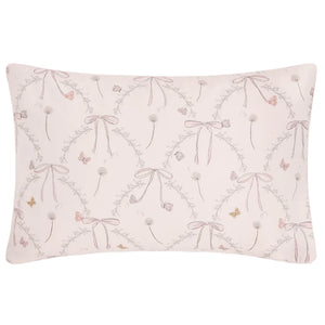 Gooselings' Bows & Butterfly Kisses Toddler Pillow with Insert features pink and gray bows, flowers, butterflies, and vines on a light beige backdrop—ideal for adding a whimsical touch to children's dreams and ensuring sweet nighttime rest.