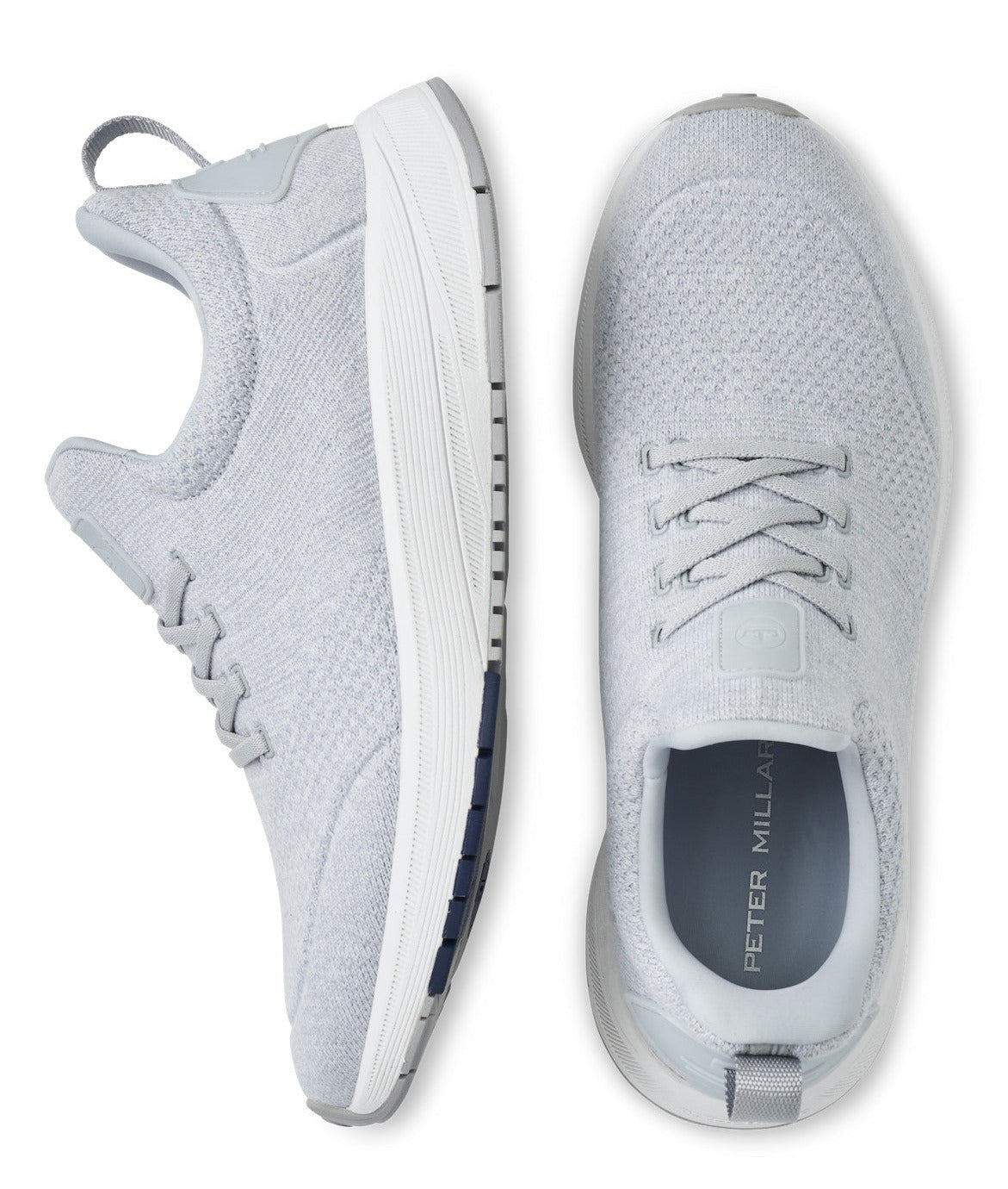 The Peter Millar Tellustride Sneakers, featuring a light gray cotton-blend knit upper and white soles, are shown from the side and top.