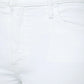 Close-up view of the front waist and hip area of the Petites Lil Kick It high-rise straight leg white denim jeans by Mother, highlighting the button, belt loop, pocket, and visible seams.