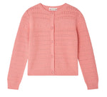 Bonpoint Girls’ Mia Cardigan in pink knit, featuring a textured pattern, round neckline, long sleeves, and front button closure—an adorable addition to any girl’s knitwear collection, shown laid flat on a white background.
