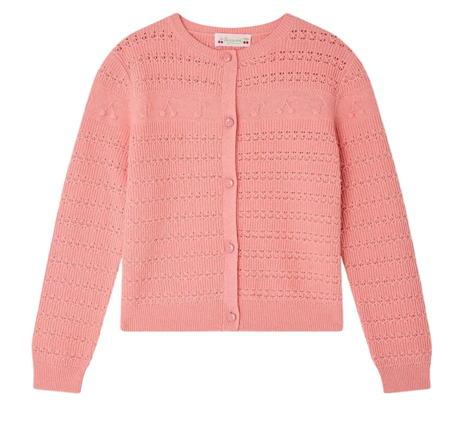 Bonpoint Girls’ Mia Cardigan in pink knit, featuring a textured pattern, round neckline, long sleeves, and front button closure—an adorable addition to any girl’s knitwear collection, shown laid flat on a white background.