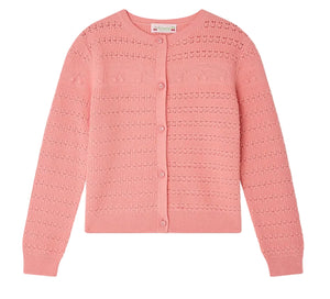 Bonpoint Girls’ Mia Cardigan in pink knit, featuring a textured pattern, round neckline, long sleeves, and front button closure—an adorable addition to any girl’s knitwear collection, shown laid flat on a white background.