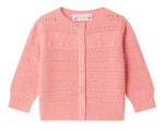 Bonpoint Baby Girls’ Mahana Cardigan in light pink, showcasing a decorative knit pattern, round neck, long sleeves, and a classic button front.