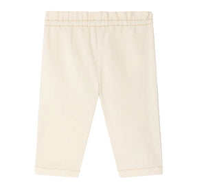 Bonpoint Baby Girls’ Luciole Pant, made from a cotton-rich beige fabric, features an elastic waistband and charming cherry embroidery, displayed flat on a white background.