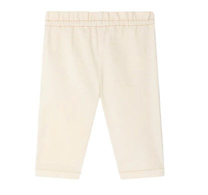 Bonpoint Baby Girls’ Luciole Pant, made from a cotton-rich beige fabric, features an elastic waistband and charming cherry embroidery, displayed flat on a white background.
