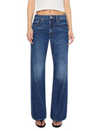 Mother Petites Lil Bookie Twist Skimp high-waisted, medium-wash blue denim jeans with a wide-leg cut and curved seam detailing down the front.