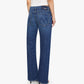 Back view of Mother Petites Lil Bookie Twist Skimp medium-wash blue denim jeans in a straight-leg fit with a stitched M design on the back pockets.