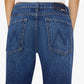 Back view of Mother Petites Lil Bookie Twist Skimp mid-wash mid-rise bootcut denim jeans with back pockets featuring an embroidered M logo.