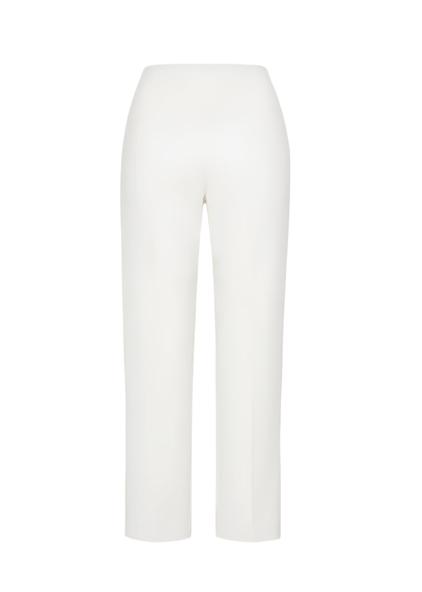The Kit Pant by Adam Lippes is a white, high-waisted, straight-leg tailored style shown front-facing on a plain background, providing a sleek silhouette with modern ease.