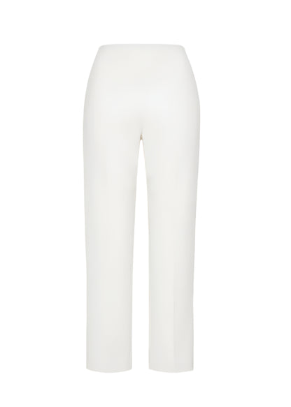 The Kit Pant by Adam Lippes is a white, high-waisted, straight-leg tailored style shown front-facing on a plain background, providing a sleek silhouette with modern ease.