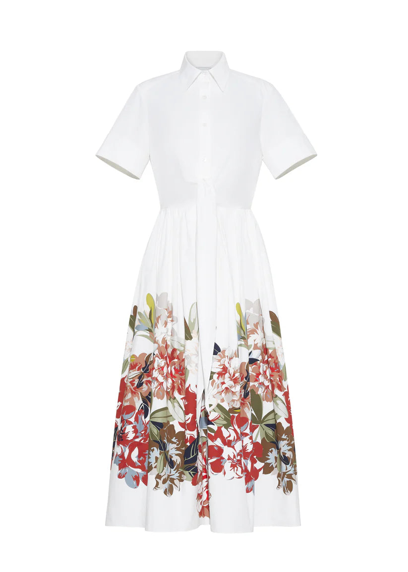 The Attacher Dress by Adam Lippes is a white short-sleeve, collared shirt dress in Italian cotton poplin, with a fitted waist and full skirt, featuring a red, green, and brown floral motif print along the bottom half.