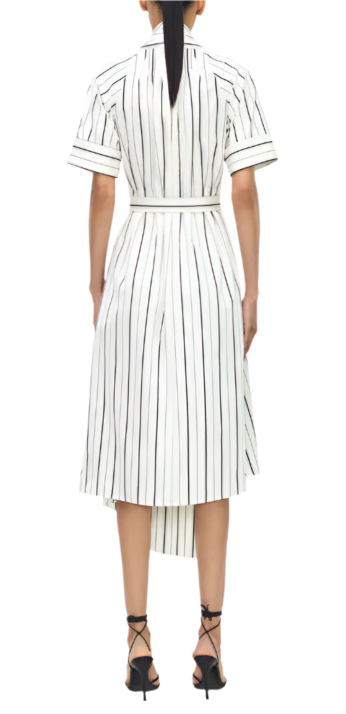 A woman shown from the back wears the Adam Lippes Nansi Stripe Dress—a white knee-length poplin dress with vertical black stripes, short sleeves, a belted waist, and an asymmetrical hem—paired with black strappy heels.