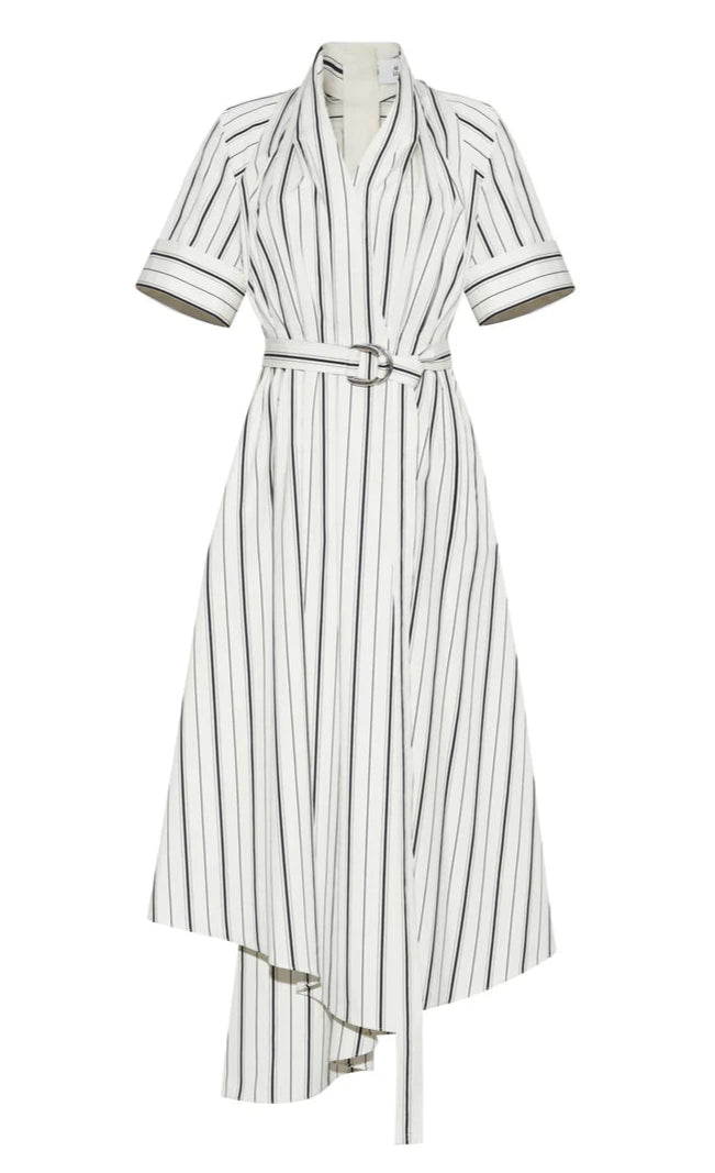 The Adam Lippes Nansi Stripe Dress is a white, short-sleeve, collared style with black vertical stripes in stripe poplin, a belted waist, and an asymmetrical hem for a modern look.