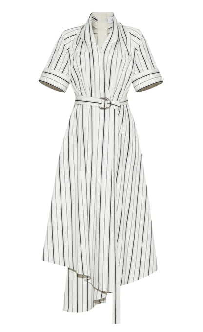 The Adam Lippes Nansi Stripe Dress is a white, short-sleeve, collared style with black vertical stripes in stripe poplin, a belted waist, and an asymmetrical hem for a modern look.