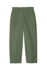 The 3.1 Phillip Lim Straight Leg Utility Pants feature an olive green cotton-viscose twill, front patch pockets, belt loops, button closure, and a cropped ankle length. Shown flat on a white background.