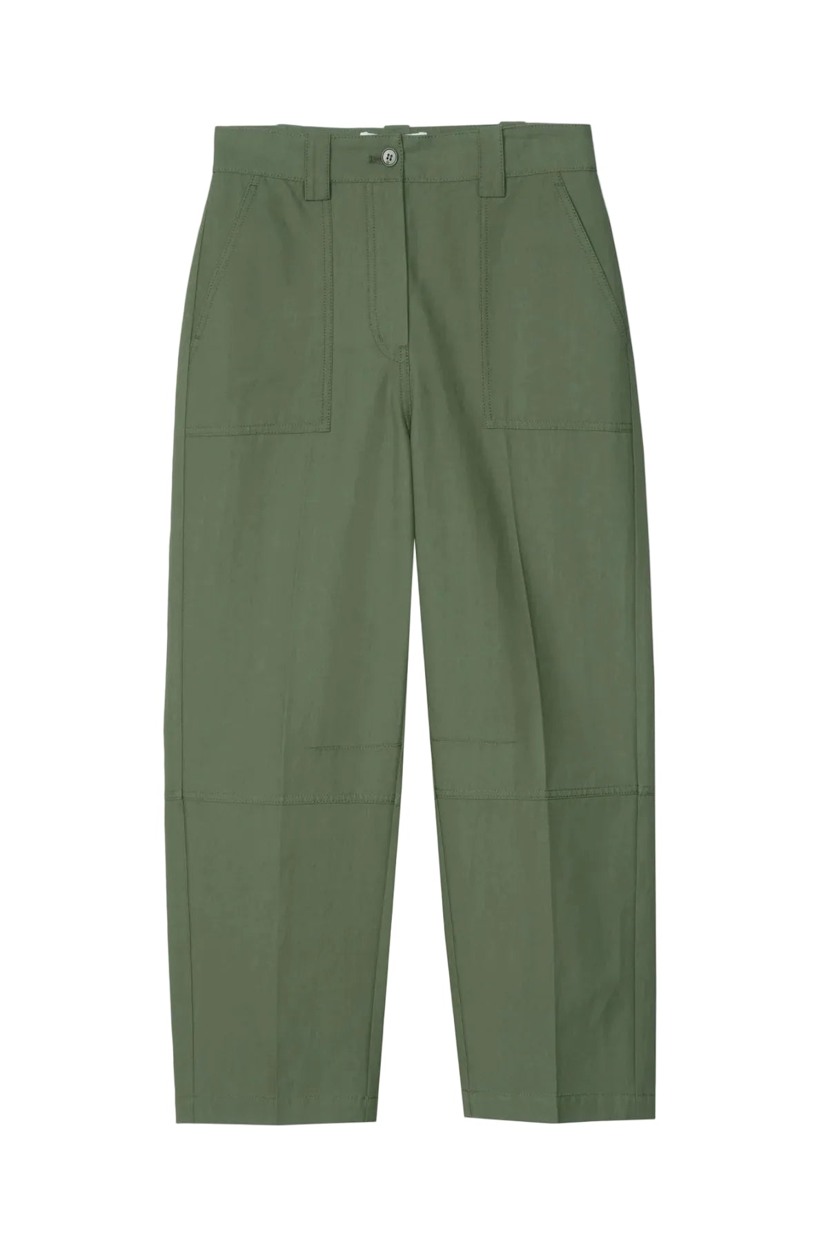The 3.1 Phillip Lim Straight Leg Utility Pants feature an olive green cotton-viscose twill, front patch pockets, belt loops, button closure, and a cropped ankle length. Shown flat on a white background.