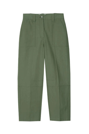 The 3.1 Phillip Lim Straight Leg Utility Pants feature an olive green cotton-viscose twill, front patch pockets, belt loops, button closure, and a cropped ankle length. Shown flat on a white background.