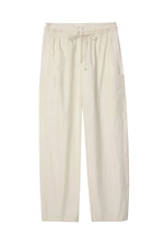 3.1 Phillip Lim Double Waistband Poplin Pants: beige, wide-leg cotton poplin pants with an elastic drawstring waist and side pockets, shown laid flat on a white background.