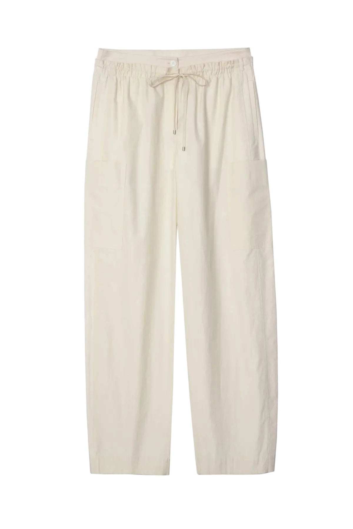3.1 Phillip Lim Double Waistband Poplin Pants: beige, wide-leg cotton poplin pants with an elastic drawstring waist and side pockets, shown laid flat on a white background.