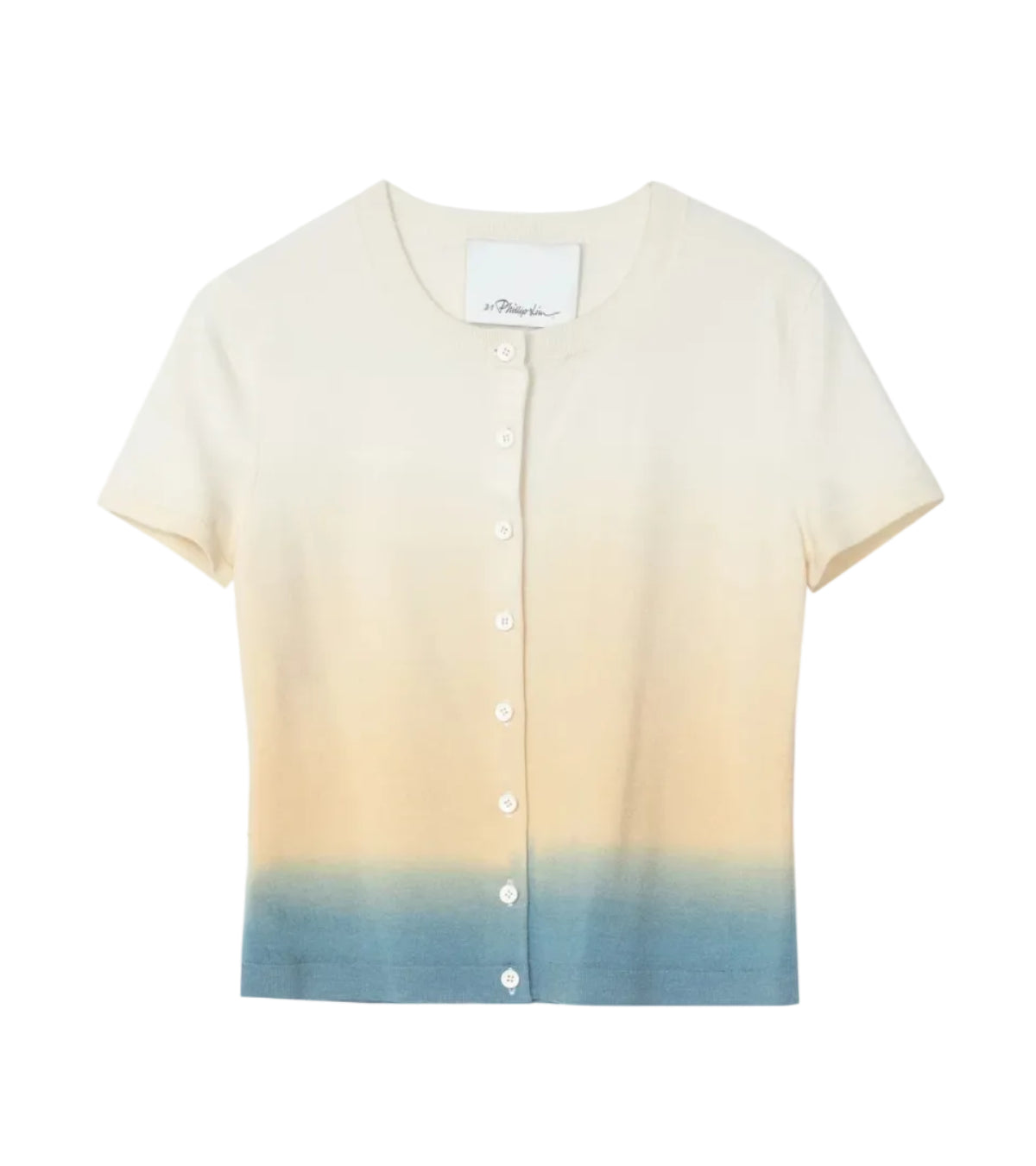 The 3.1 Phillip Lim Light Weight Button Up Dip Dye Tee is a short-sleeve, fitted cardigan featuring an ombré gradient that shifts from cream to beige to light blue at the hem.