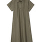 The Trapeze Midi Poplin Shirt Dress by 3.1 Phillip Lim, in khaki cotton with short sleeves, a collared neckline, buttoned placket, and relaxed fit, is laid flat on a white background.