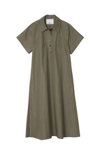 The Trapeze Midi Poplin Shirt Dress by 3.1 Phillip Lim, in khaki cotton with short sleeves, a collared neckline, buttoned placket, and relaxed fit, is laid flat on a white background.