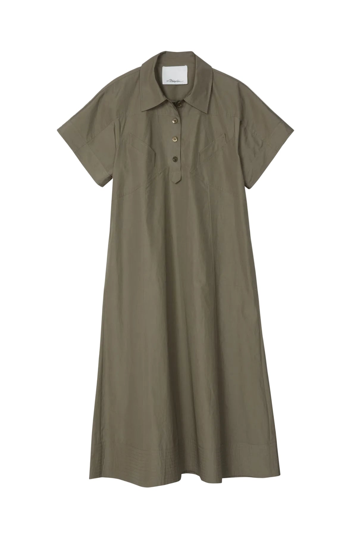 The Trapeze Midi Poplin Shirt Dress by 3.1 Phillip Lim, in khaki cotton with short sleeves, a collared neckline, buttoned placket, and relaxed fit, is laid flat on a white background.