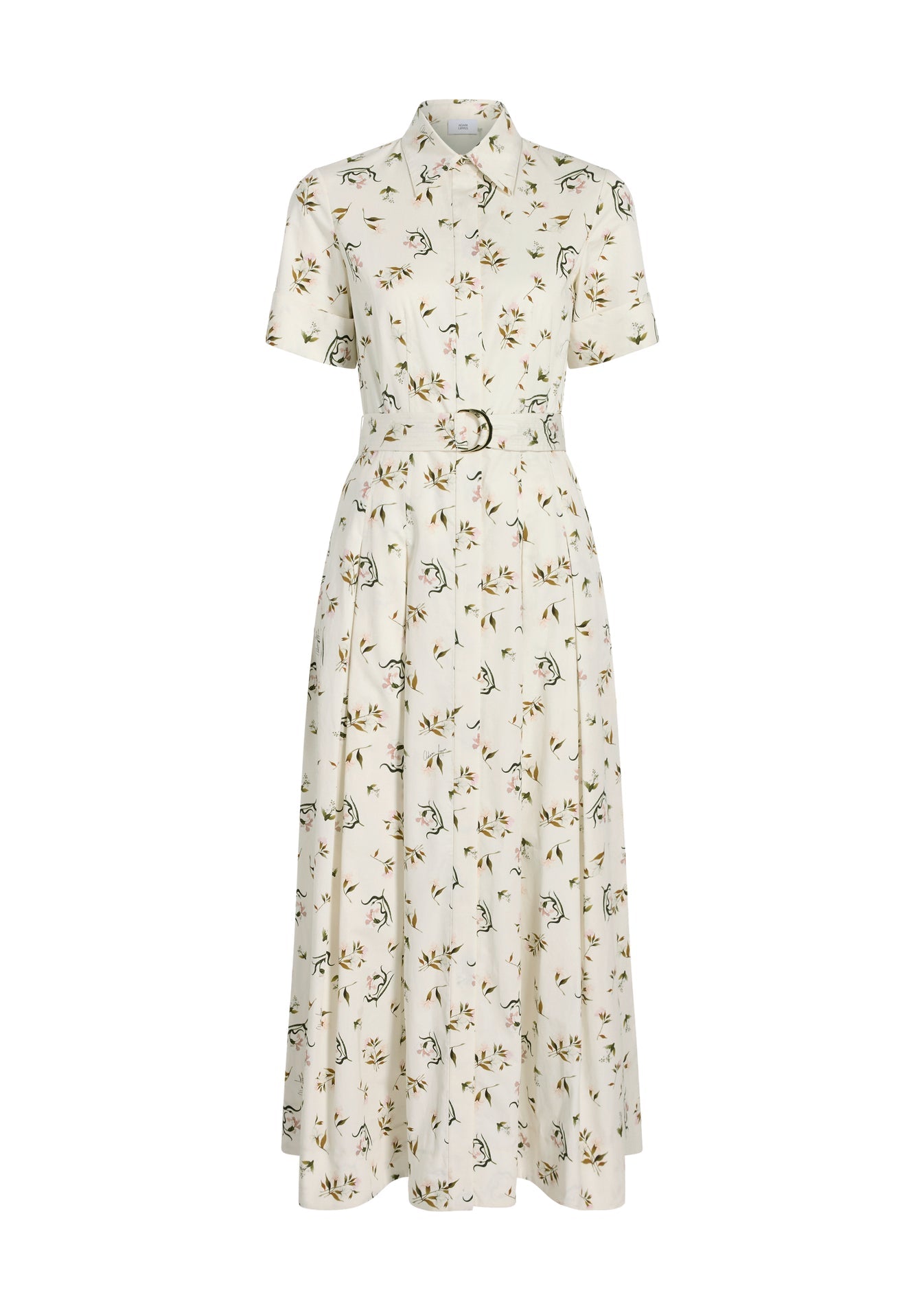 The Leighton Dress by Adam Lippes is a white, short-sleeve, button-down dress in Italian cotton poplin with a belted waist and floral print.