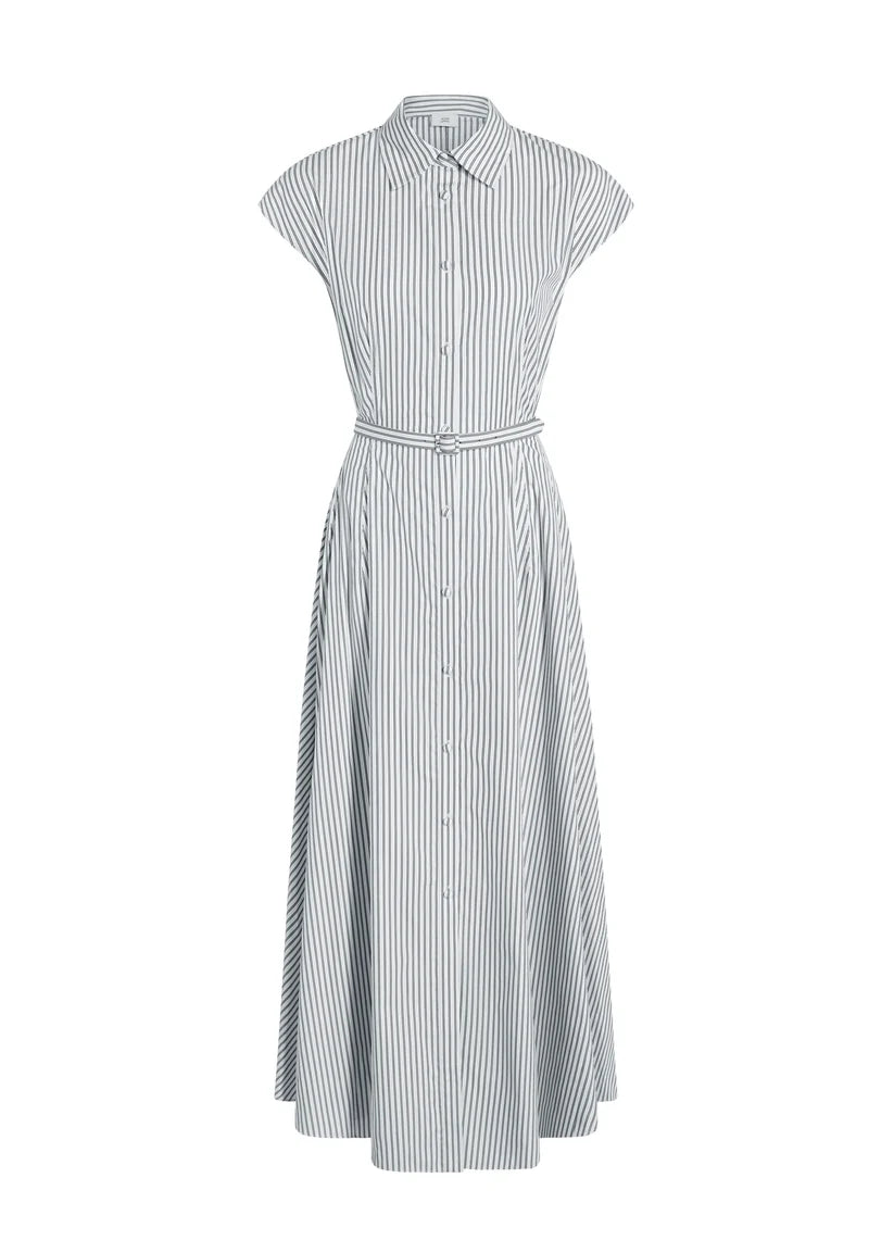 The Palmer Stripe Shirting Dress by Adam Lippes is a sleeveless, collared, button-down midi dress crafted from Italian cotton shirting with vertical grey and white stripes, finished with a matching fabric belt at the waist for a long, fluid silhouette.