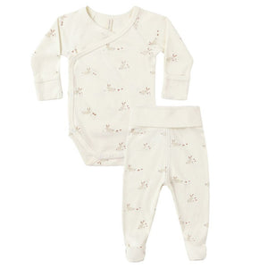 The Quincy Mae Baby Girls' Side Snap Bodysuit & Pant Set features a cream long-sleeve bodysuit and matching footed pants, both with a subtle bunny print.