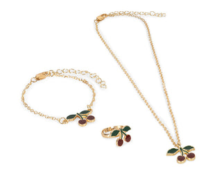 Konges Slojd Jewelery Set includes a necklace, bracelet, and ring—each with cherry charms and playful red and green enamel accents.