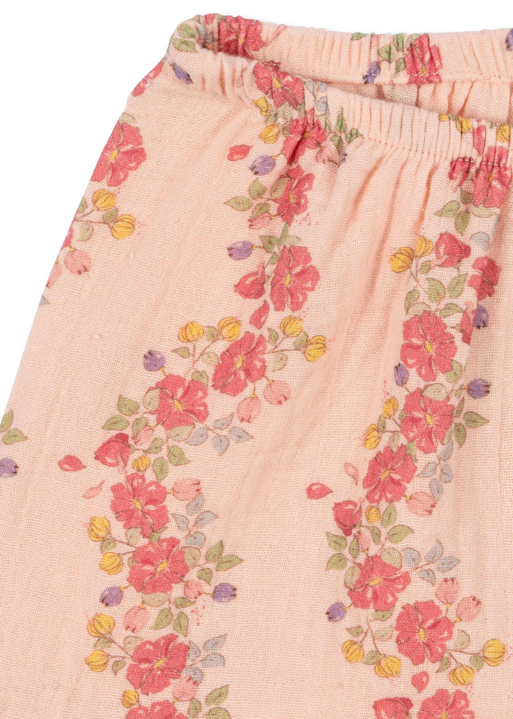 Close-up of Konges Slojd Baby Girls' and Girls' Coco Shorts in light pink muslin, featuring an elastic waistband and a floral print with red, yellow, and purple flowers plus green leaves.