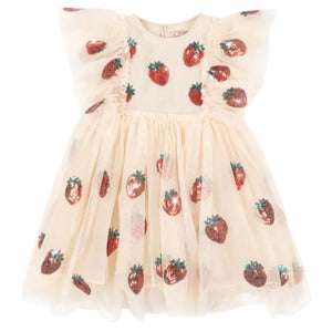 The Girls' Yvonne Frill Dress by Konges Slojd is a cream tulle children’s dress featuring voluminous puffed sleeves and shiny red strawberry sequin embroidery.