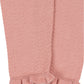 Close-up of pink knitted fabric with frills and ruffled hem detail from Konges Slojd’s Baby Girls’ and Girls’ Cypres Pants—perfect for adding style.