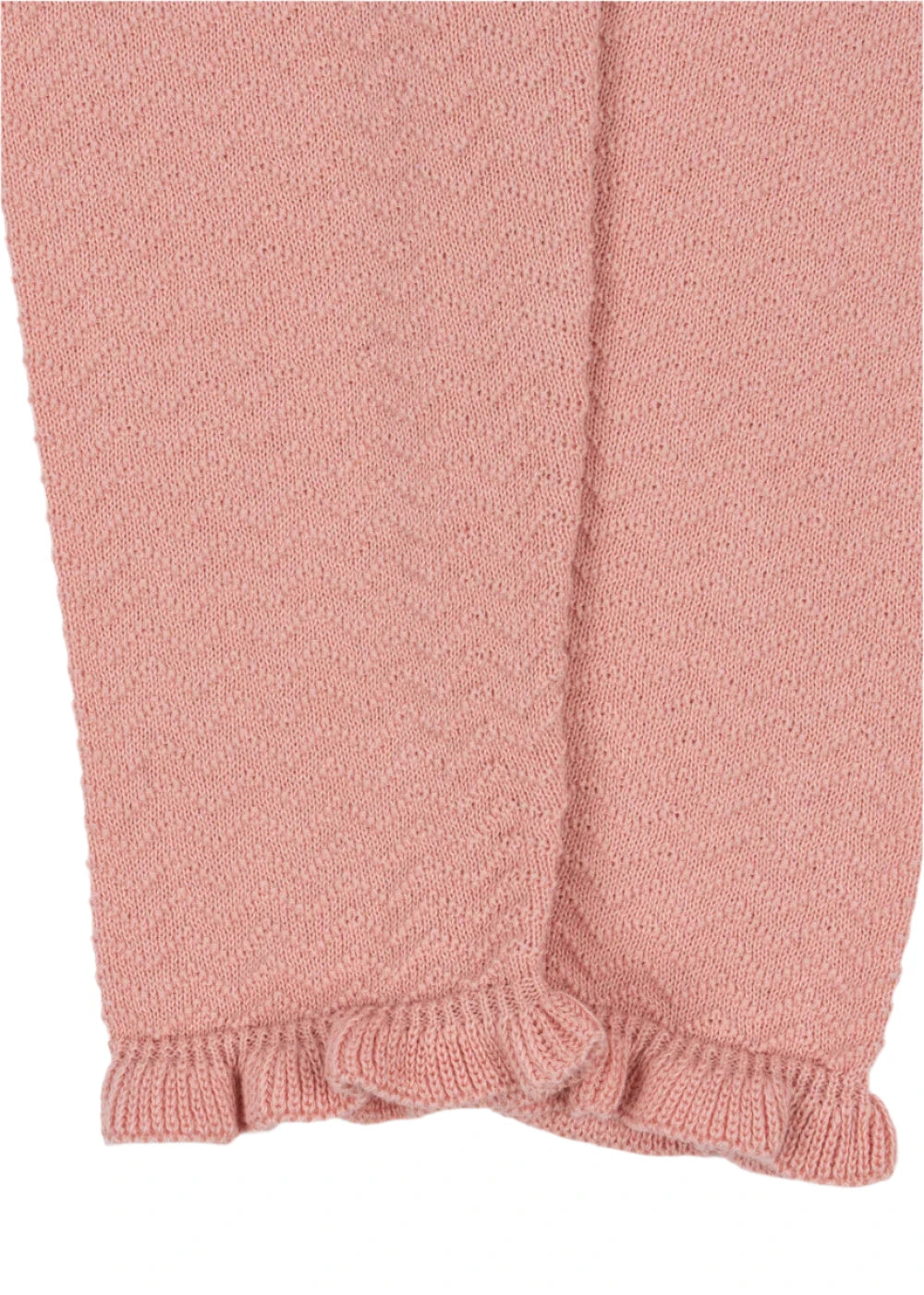 Close-up of pink knitted fabric with frills and ruffled hem detail from Konges Slojd’s Baby Girls’ and Girls’ Cypres Pants—perfect for adding style.