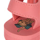 Close-up of the Konges Slojd Kids' Sable Sandal in pink, featuring a cartoon cat and green bow on the insole and a velcro strap for easy fastening.