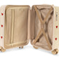 Open beige Konges Slojd Kids’ Travel Suitcase with red heart patterns, featuring an internal zippered mesh compartment, elastic garment straps, and a TSA lock.