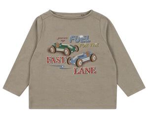 The Konges Slojd Baby Boys' and Boys' Drey Tee is a beige organic cotton shirt with long sleeves, two race car prints, and "You're my fuel for the fast lane" text on the front.