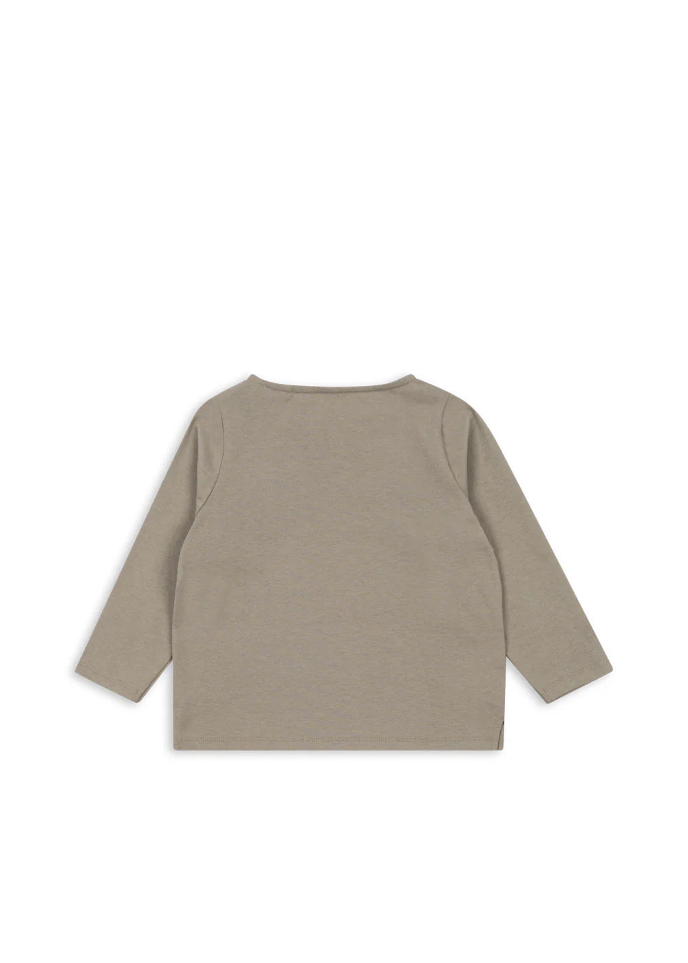 The Konges Slojd Baby Boys' and Boys' Drey Tee is a soft organic cotton, long-sleeved taupe shirt shown laid flat with the back up—perfect as an everyday kids’ basic.