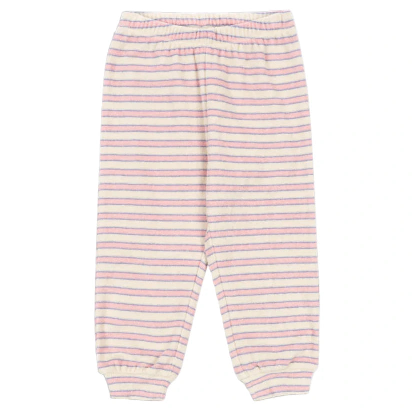 The Konges Slojd Baby Girls' and Girls' Itty Sweat Pants are soft sweatpants with an elastic waistband and cuffs, featuring horizontal pastel pink and purple stripes on a light background.