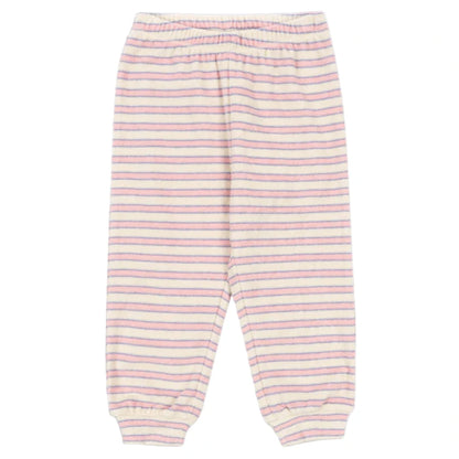 The Konges Slojd Baby Girls' and Girls' Itty Sweat Pants are soft sweatpants with an elastic waistband and cuffs, featuring horizontal pastel pink and purple stripes on a light background.