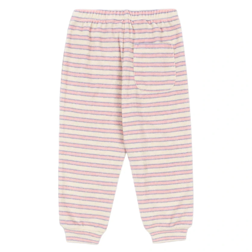Konges Slojd Baby Girls' and Girls' Itty Sweat Pants feature pink, purple, and yellow horizontal stripes, an elastic waistband and cuffs, plus a single back patch pocket.