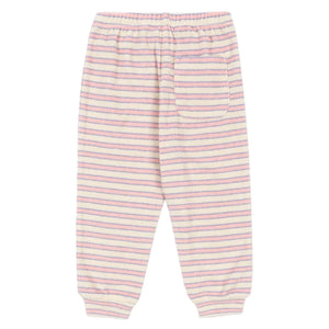 Konges Slojd Baby Girls' and Girls' Itty Sweat Pants feature pink, purple, and yellow horizontal stripes, an elastic waistband and cuffs, plus a single back patch pocket.