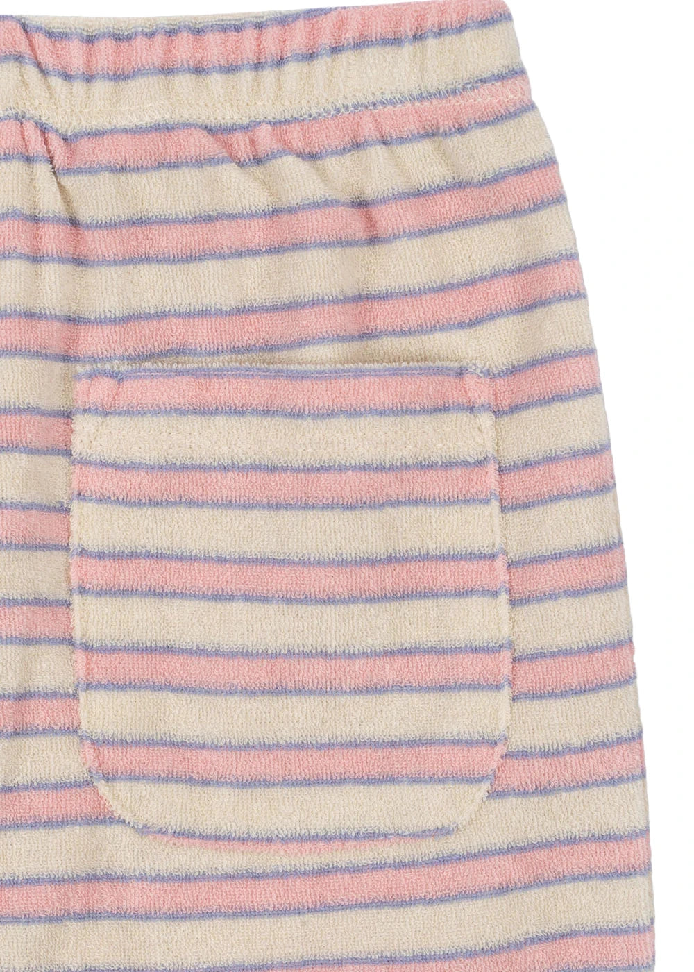 Close-up of Konges Slojd Baby Girls' and Girls' Itty Sweat Pants, crafted from textured fabric with horizontal pink and blue stripes, featuring a loose fit, elastic waistband, and a rectangular front pocket.