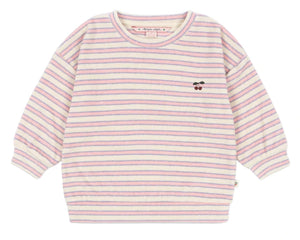 Konges Slojd Baby Girls' and Girls' Itty Sweat Shirt: relaxed fit, long sleeves, dropped shoulders, pink, purple, and cream stripes with a cherry embroidery on the left chest.
