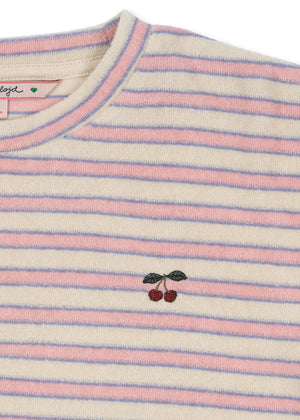 The Konges Slojd Baby Girls' and Girls' Itty Sweat Shirt is cream-colored with pink and blue stripes, dropped shoulders for a relaxed fit, and features a small cherry embroidery on the chest.