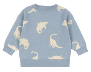 The Konges Slojd Baby Boys' and Boys' Lapis Knit Sweater features a relaxed fit in light blue, white dinosaur silhouettes all over, and broad ribbed hems for style and comfort.